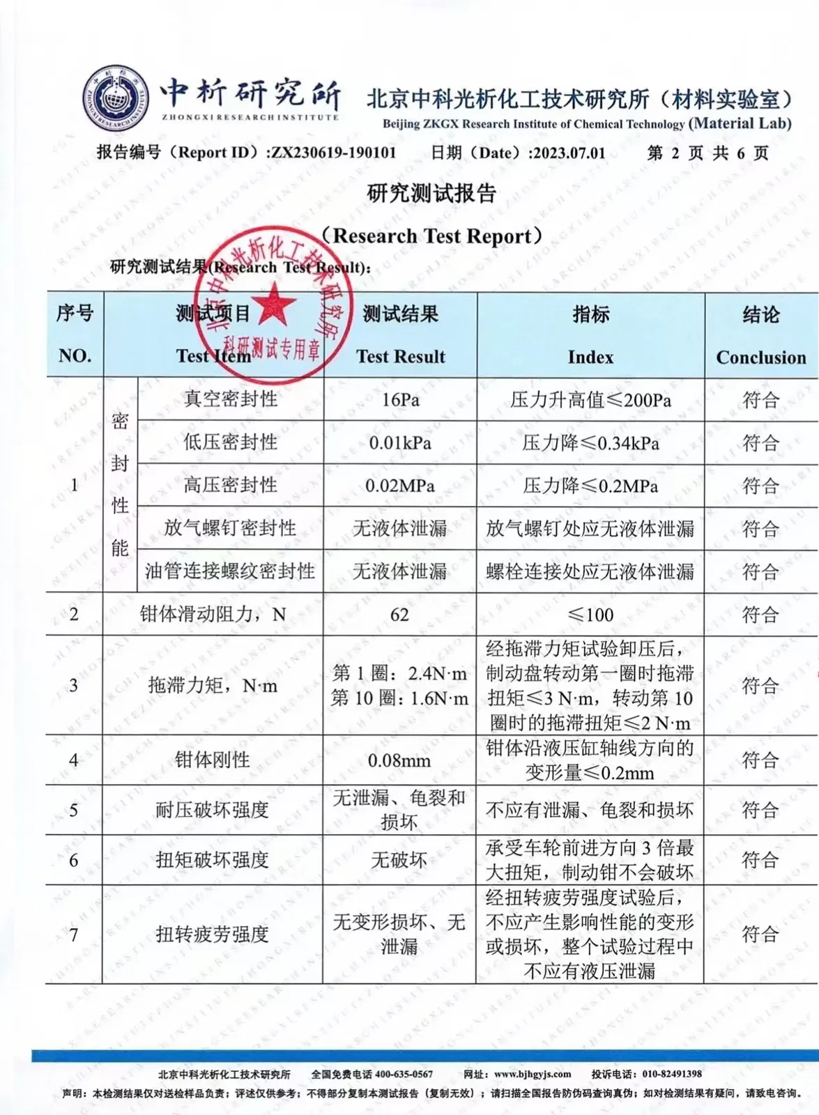 GT6 caliper test result page covering sealing rigidity torque and fatigue items