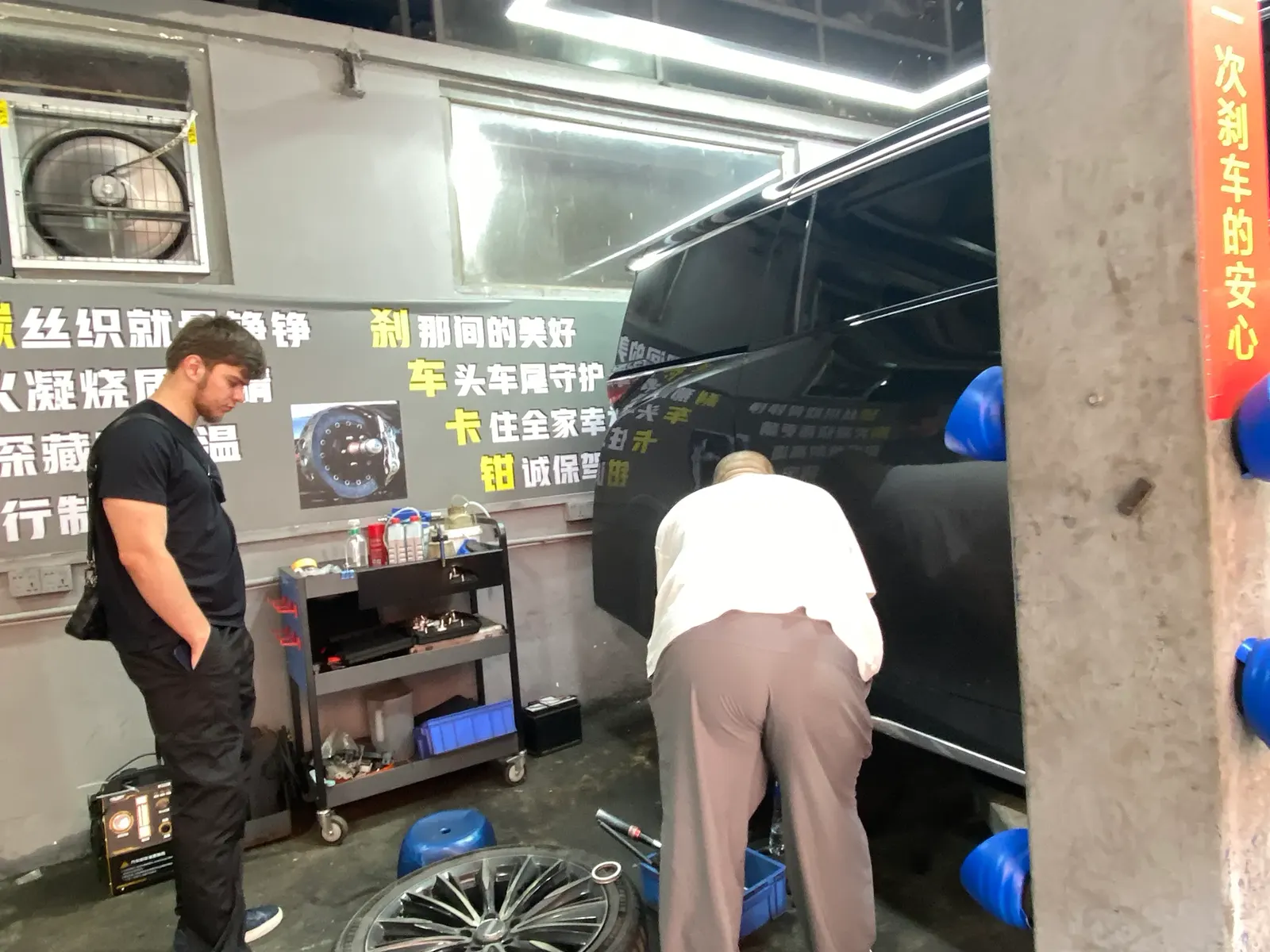Customer vehicle receiving a brake upgrade installation
