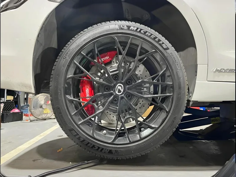 Red caliper and drilled rotor behind the wheel of a white Lexus SUV