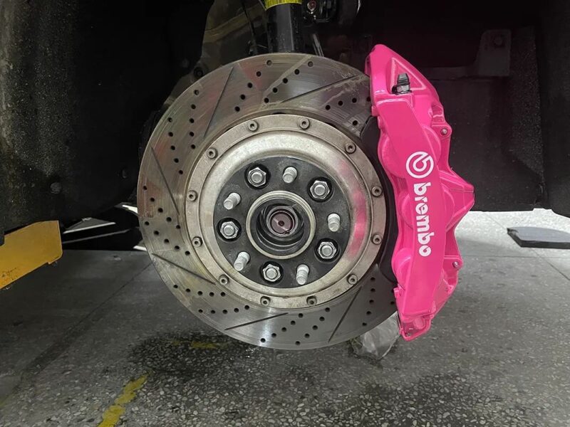 Custom 6 piston brake caliper hats and brackets matched to Toyota Yaris VIN and wheel size