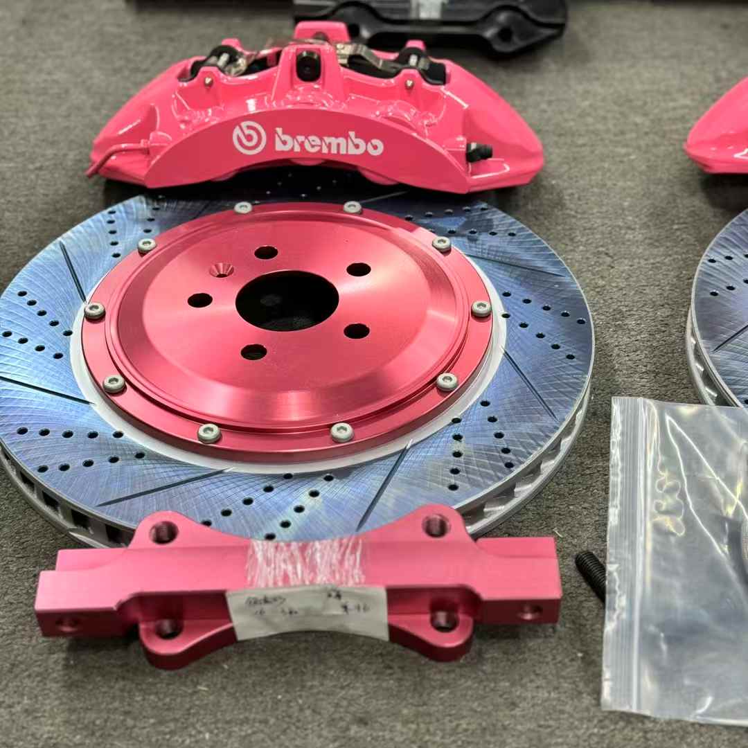 Pink six-piston caliper, two-piece drilled rotor and adapter bracket shown at close range